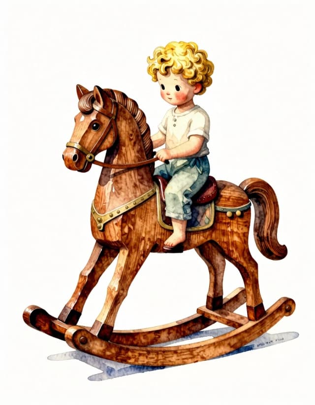 A masterpiece. Creating an image. The style is watercolor painting. Delicate watercolor on raw, on paper.((Wooden carved rocking horse, on the horse sits a small curly-haired boy, blond:1.6)). High resolution. High detail and clear texture. Intense close-up. High quality. Increased attention to small details. The aspect ratio is 3:4. Artists - Levitan, Shishkin.u