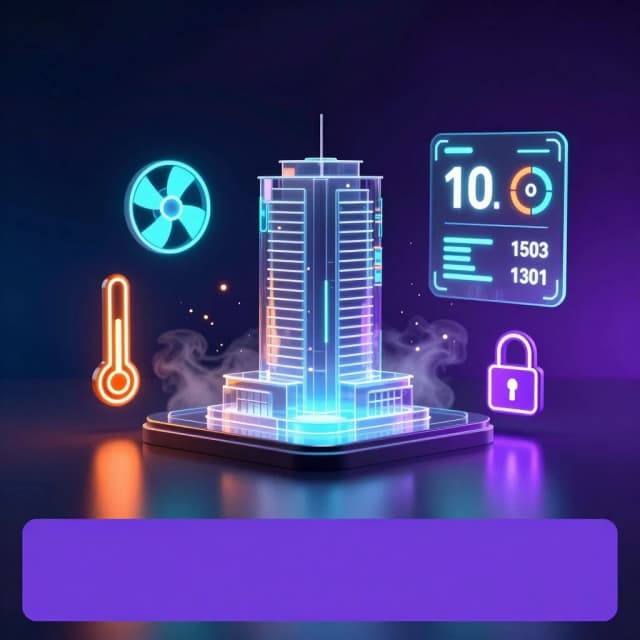 Futuristic control center, dark background with deep blue and purple gradients. A semi-transparent holographic building model floats above a glossy table surface, surrounded by glowing minimalist icons: a fan (cyan neon), a thermometer (orange neon), and a security lock (violet neon). A floating dashboard panel displays large glowing numbers and circular progress charts. Particles of light and a subtle mist add depth. Style: cyberpunk high-tech, volumetric lighting, glass reflections, clean sci-fi interface, advertising banner with copy space at the bottom. --ar 16:9