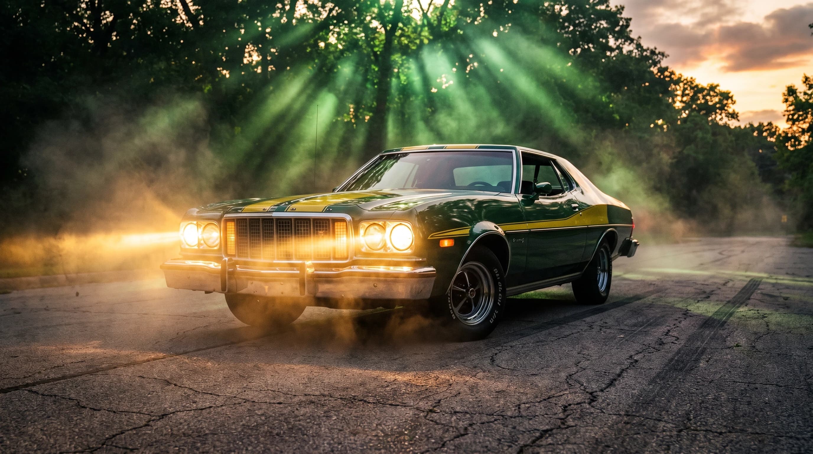 Ford Gran Torino, тёмно-зеленый окрас, желтые полоски, стоит на асфальте, эпичный ракурс, зелёные лучи, горящие фары, кинематографичная съёмка, шедевр