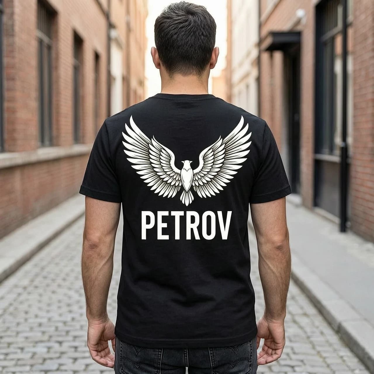 чёрные футболки с рисунком крыльев и надписью PETROV