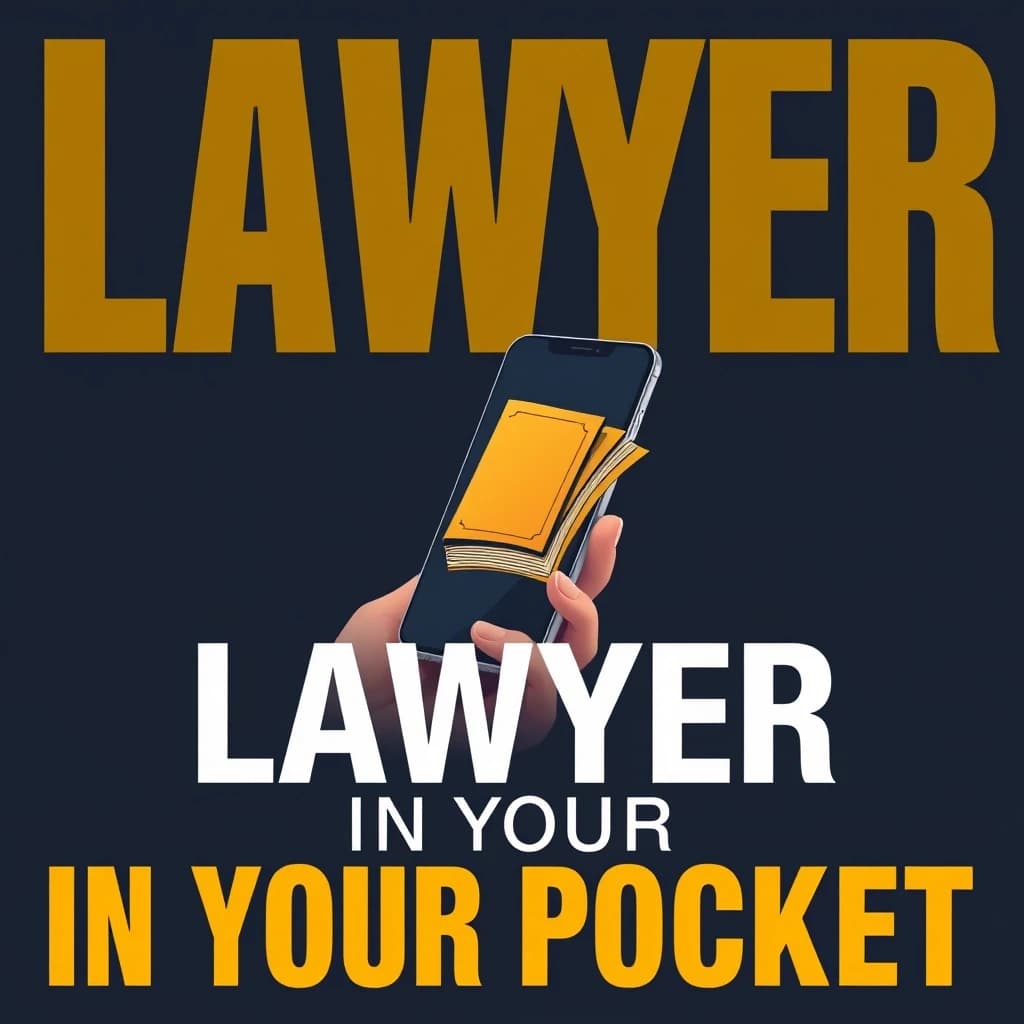 Minimalist poster, dark navy background, a smartphone in a person's hand, a law book with golden letters flying out of the phone, silhouette of a person in the background, large bold text "ЮРИСТ В КАРМАНЕ" in white and gold, clean design, 8k, strict and confident mood, no clutter, professional typography --ar 16:9