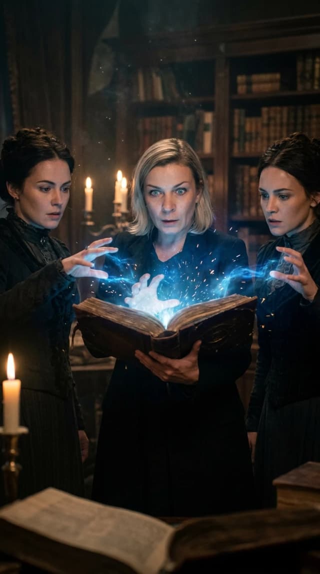 Cinematic film still from a supernatural drama series, high-quality television production aesthetic. A group shot featuring a woman as a powerful sister of the Charmed Ones, standing alongside her sisters in a mystical, cohesive composition. They are gathered around an ancient, glowing magical book (Book of Shadows) resting on a dark wooden pedestal. The scene captures a moment of intense ritual or discovery. Realistic skin textures, natural body proportions, and authentic facial features preserved with photographic precision. Lighting is moody and atmospheric, with soft amber candlelight clashing with ethereal blue magical wisps emanating from the book. Background is a dimly lit, Victorian-style manor library with heavy velvet curtains, antique bookshelves, and swirling dust motes in the light beams. Shot on 35mm lens, shallow depth of field, cinematic color grading, hyper-realistic textures, volumetric lighting, no digital artifacts, seamless integration of magic effects.