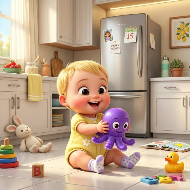 3D animation Pixar style. A cute 10-month-old baby girl with dark beautiful eyes and light hair is sitting on a clean light floor in a cozy modern kitchen. She is smiling and holding a big bright purple toy octopus magnet. In the background, there is a big silver refrigerator. Bright sunny cozy atmosphere, cinematic light, Disney style, cute, high resolution»