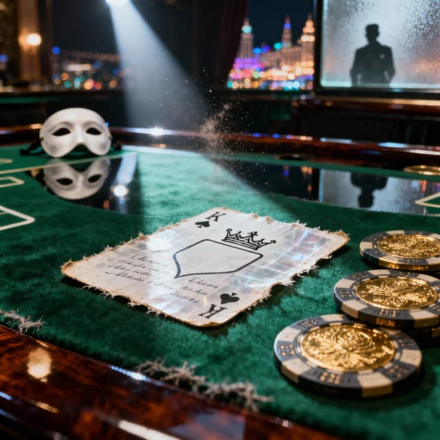 Premium A5 book cover for a detective thriller, vertical orientation. Cinematic photorealism, hyper-detailed macro photography, 8k resolution, shot on 35mm lens, f/1.8, extreme shallow depth of field.

Composition: An extreme macro close-up shot focusing on a professional poker table covered in heavy, tactile deep emerald-green felt with visible micro-fibers and subtle fraying. In the center, a single, slightly worn playing card—a "White King" without a suit, featuring a minimalist, elegant crown contour and an empty shield. The card's texture is hyper-realistic, showing fine paper grain, deck-wear, and delicate deckle-edged paper; faint, mysterious handwritten script is visible through the card as light bleeds through the translucent fibers. Beside the card lie three heavy, high-end casino chips with intricate, embossed metallic gold engravings and micro-textures of ceramic and metal. A sharp, thin, dramatic sliver of light cuts through the darkness like a surgical spotlight, creating intense high-contrast chiaroscuro and illuminating microscopic dust motes and floating particles in the air.

Reflections and Background: The polished, dark, lacquered mahogany surface of the table acts as a black mirror, revealing a ghostly, sophisticated white Venetian masquerade mask and the soft, creamy, multi-colored bokeh of Monte Carlo’s distant luxury lights. In the upper corner, subtly out of focus behind a pane of frosted