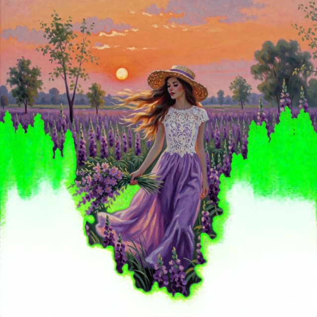 The image is a painting of a young woman walking through a field of purple flowers. She is wearing a long, flowing purple dress with a white lace bodice and a wide-brimmed straw hat. Her long brown hair is flowing in the wind and she is holding a bouquet of flowers in her right hand. The sky is a beautiful orange and pink color, with the sun setting in the background. The field is filled with tall, purple flowers, and there are trees scattered throughout. The overall mood of the image is peaceful and serene.