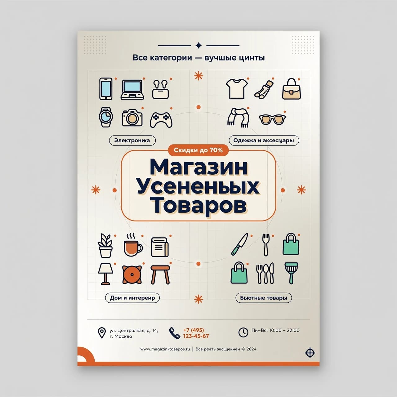 Профессиональная рекламная афиша для магазина непродовольственных товаров, выполненная в современном минималистичном стиле с акцентом на разнообразие ассортимента. В центре композиции расположено название «МагазинУцененныхТоваров», набранное четким, легко читаемым шрифтом с эффектом легкого объема. Вокруг текста гармонично сгруппированы стилизованные иконки различных категорий товаров — электроники, одежды, предметов интерьера и бытовых аксессуаров, выполненные в единой графической манере. Освещение мягкое и равномерное, подчеркивающее чистоту форм, цветовая палитра выдержана в приятных контрастных тонах, создающих ощущение надежности и выгоды. Фон нейтральный, с легким градиентом, не отвлекающим внимание от центральной надписи, ракурс фронтальный, композиция сбалансирована для максимальной визуальной привлекательности.