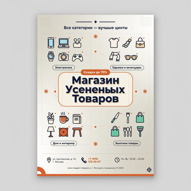 Профессиональная рекламная афиша для магазина непродовольственных товаров, выполненная в современном минималистичном стиле с акцентом на разнообразие ассортимента. В центре композиции расположено название «МагазинУцененныхТоваров», набранное четким, легко читаемым шрифтом с эффектом легкого объема. Вокруг текста гармонично сгруппированы стилизованные иконки различных категорий товаров — электроники, одежды, предметов интерьера и бытовых аксессуаров, выполненные в единой графической манере. Освещение мягкое и равномерное, подчеркивающее чистоту форм, цветовая палитра выдержана в приятных контрастных тонах, создающих ощущение надежности и выгоды. Фон нейтральный, с легким градиентом, не отвлекающим внимание от центральной надписи, ракурс фронтальный, композиция сбалансирована для максимальной визуальной привлекательности.