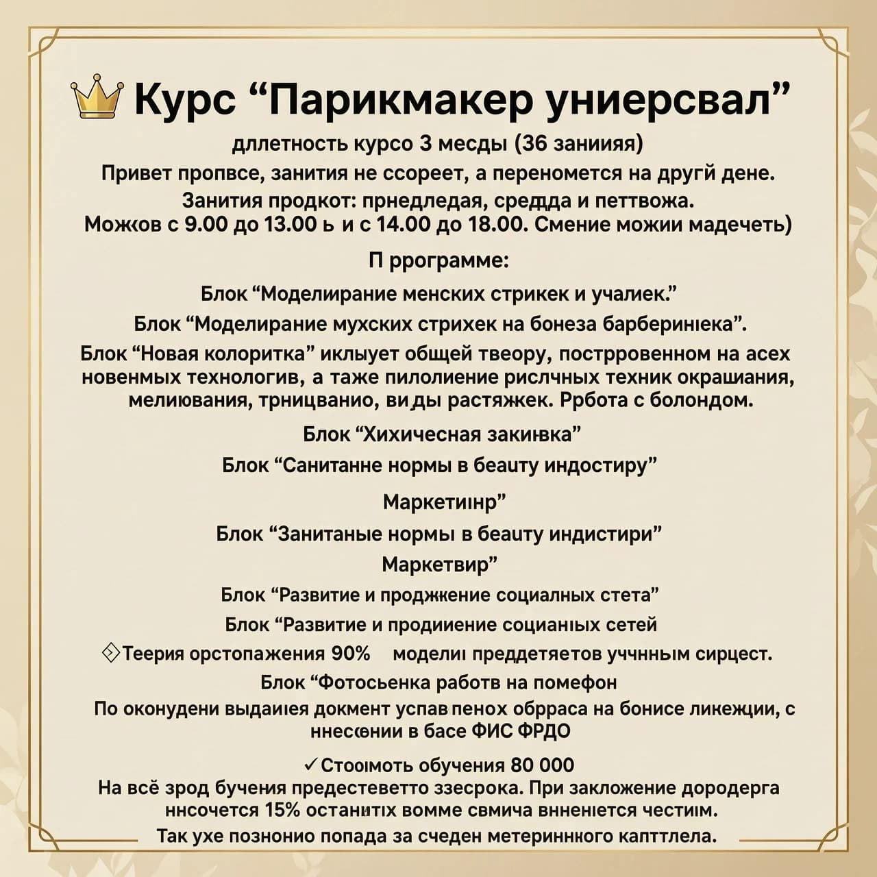 Приглашение на обучение по курсу Парикмахер 
👑 Курс "Парикмахер универсал"
длительность курса 3 месяца (36 занятий) Привет пропуске, занятие не сгорает, а переносятся на другой день. 
Занятия проходят: понедельник, среда и пятница.  Можно с 9.00 до 13.00 или с 14.00 до 18.00. Смены можно менять) 

в программе:
Блок "Моделирование женских стрижек и укладок". 
Блок "Моделирование мужских стрижек на основе барберинга."
Блок "Новая колористика" включает общую теорию, построенную на всех новейших технологиях, а также выполнение различных техник окрашивания, мелирования, тонирование, виды растяжек. Работа с блондом. 
Блок "Химическая завивка"
Блок "Санитарные нормы в beauty индустрии"
Блок "Маркетинг"
Блок "Развитие и продвижение социальных сетей"
Блок "Фотосъёмка работ на телефон"


💎Теория составляет 10% и выдается в печатном виде. 
💎Практические занятия 90%   модели предоставляютя учебным центром.
💎По окончанию выдаётся документ установленного образца на основе лицензии, с внесением в базу ФИС ФРДО 

✔Стоимость обучения 80 000 
На весь срок обучения предоставляется рассрочка. При заключение договора вносится 15% остальная сумма вносится частями.
Так же возможно оплата за счёт средств материнского капитала.