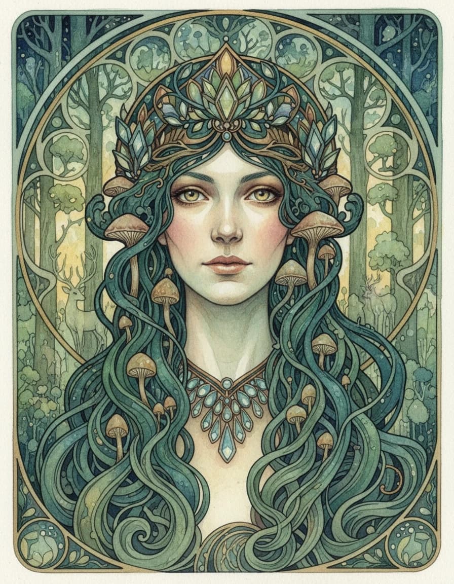 A real masterpiece. How artificial intelligence would depict: (Aesthetics: Impressionism. The image is made in watercolor technique. Art Deco and forest nymphs). Intense close-up. High resolution. High quality. Increased attention to small details. Hyperrealistic style of surrealism, impressionism, fabulous book graphics. Increased attention to the smallest details and texture. The author is Alphonse Mucha.