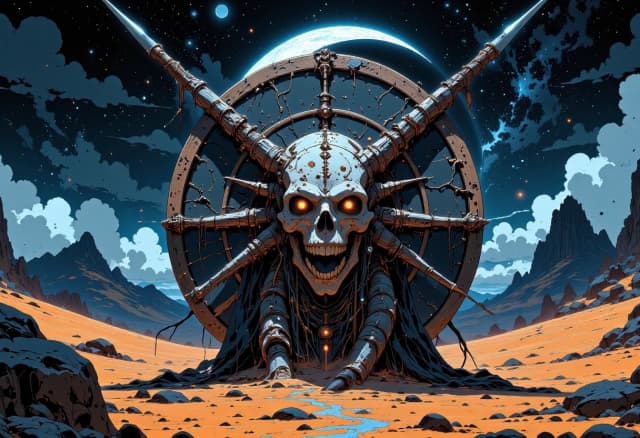 Circular emblem of a fierce, warlike desert tribe, centered composition. In the foreground, a weathered tribal shield made of dark hide and bone ornaments, overlaid with two crossed spears featuring sharp, jagged bone tips, with huge screaming skull with glowing eyesockets in the center . The background features a vast, mystical nocturnal desert under a massive crescent moon and a shimmering Milky Way galaxy. Artistic style of a high-detail fantasy game icon, digital painting with heavy texture. Lighting: dramatic rim lighting from the moonlight, deep cinematic shadows, and a fair glow from campfire. Lightings on the background. Mood: primal, menacing, and epic. Details: fine cracks in the bone, sand grains caught in the shield's texture, silhouettes of distant dunes, and a starry night sky. High contrast, hyper-realistic textures, volumetric lighting, 8k resolution.