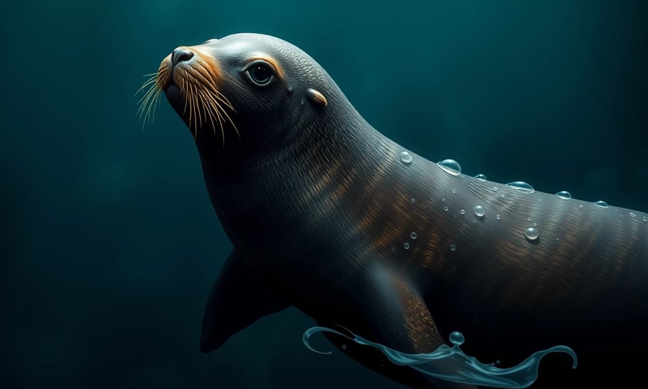 Мне нужно воссоздать японского морского льва (на латинском Zalophus japonicus). Этот японский морской лев, обитавший в Японском море, вымер к 1950-м годам из-за охоты на него и загрязнения окружающей среды.Японские морские львы были крупными животными, но, как и у многих ластоногих, самцы были значительно крупнее самок.
Самцы: Длина тела достигала примерно 2,5–3 метров, вес мог превышать 500 кг.
Самки: Были меньше, около 1,5–2 метров в длину и весом до 300 кг.
Имели типичное для ушастых тюленей обтекаемое мускулистое тело, хорошо приспособленное для плавания. Голова относительно крупная, с хорошо выраженной шеей.
Морда: Удлинённая, слегка сужающаяся к носу.
Ноздри: Расположены на конце морды, овальной формы.
Губы: Толстые, мясистые, с чувствительными вибриссами (усами).
Вибриссы (усы): Очень длинные, густые, беловатые или светло-серые.
Глаза: Крупные, тёмные, расположены по бокам головы. 
Ушные раковины: Ярко выраженные маленькие наружные ушные раковины (отличительная черта ушастых тюленей), которые они могли загибать внутрь при погружении.
Череп: Отличался от черепа калифорнийского морского льва, имел свои специфические черты, которые использовались систематиками для его идентификации (например, форма черепа, зубы).
Основной цвет: Шерсть была преимущественно темно-коричневого или серовато-коричневого цвета. 
Изобразить  как плавает тюлень в воде