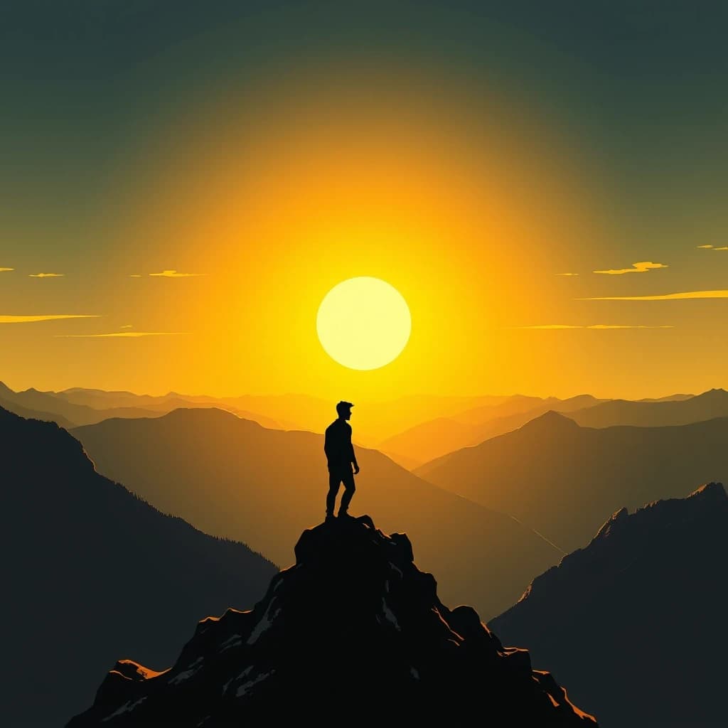 A human silhouette standing on a mountain peak, golden light shining from the sky, surrounded by vast open space, comic book style with cinematic dramatic lighting, dark graphic novel aesthetic, bold black outlines, no text, no words, 4k