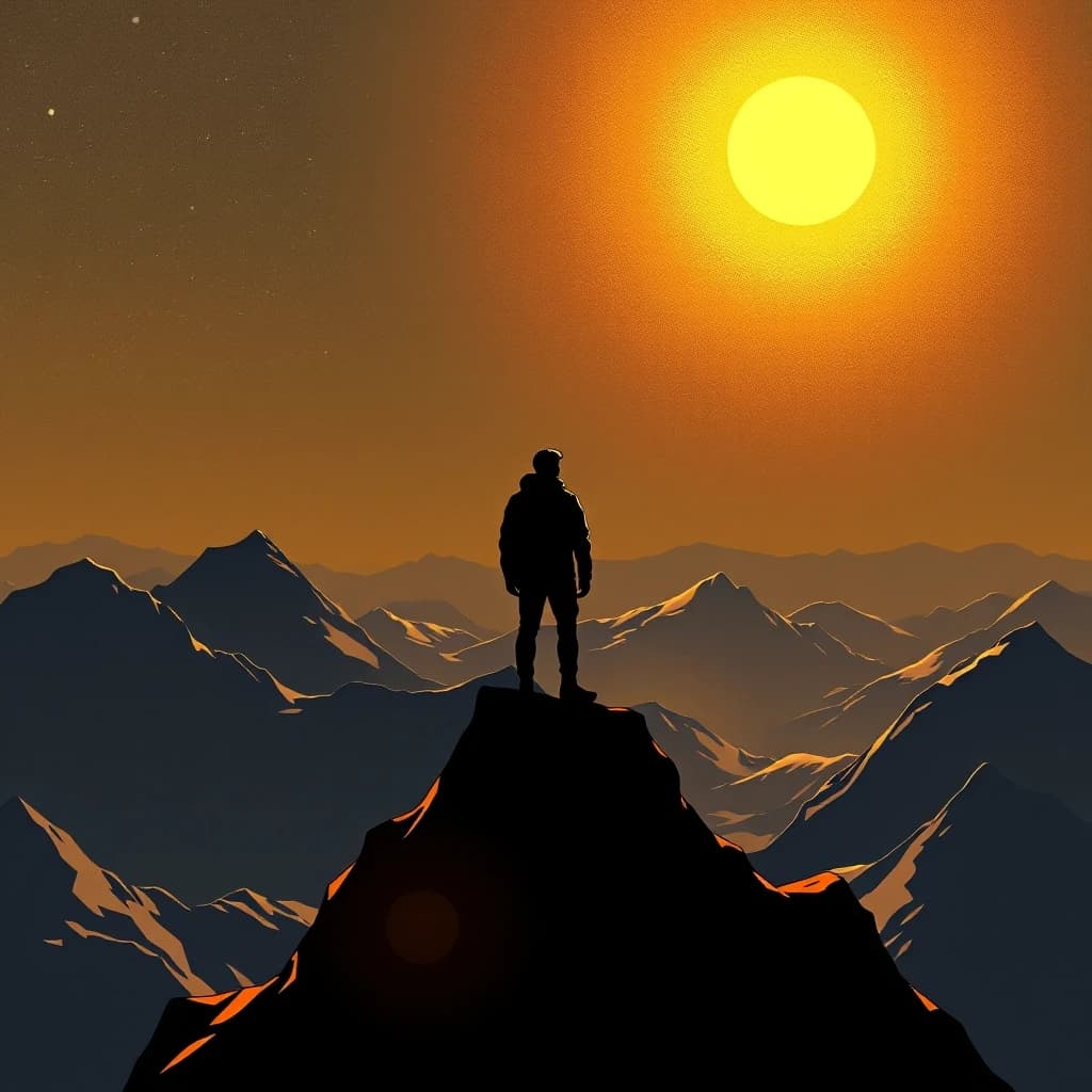 A human silhouette standing on a mountain peak, golden light shining from the sky, surrounded by vast open space, comic book style with cinematic dramatic lighting, dark graphic novel aesthetic, bold black outlines, no text, no words, 4k