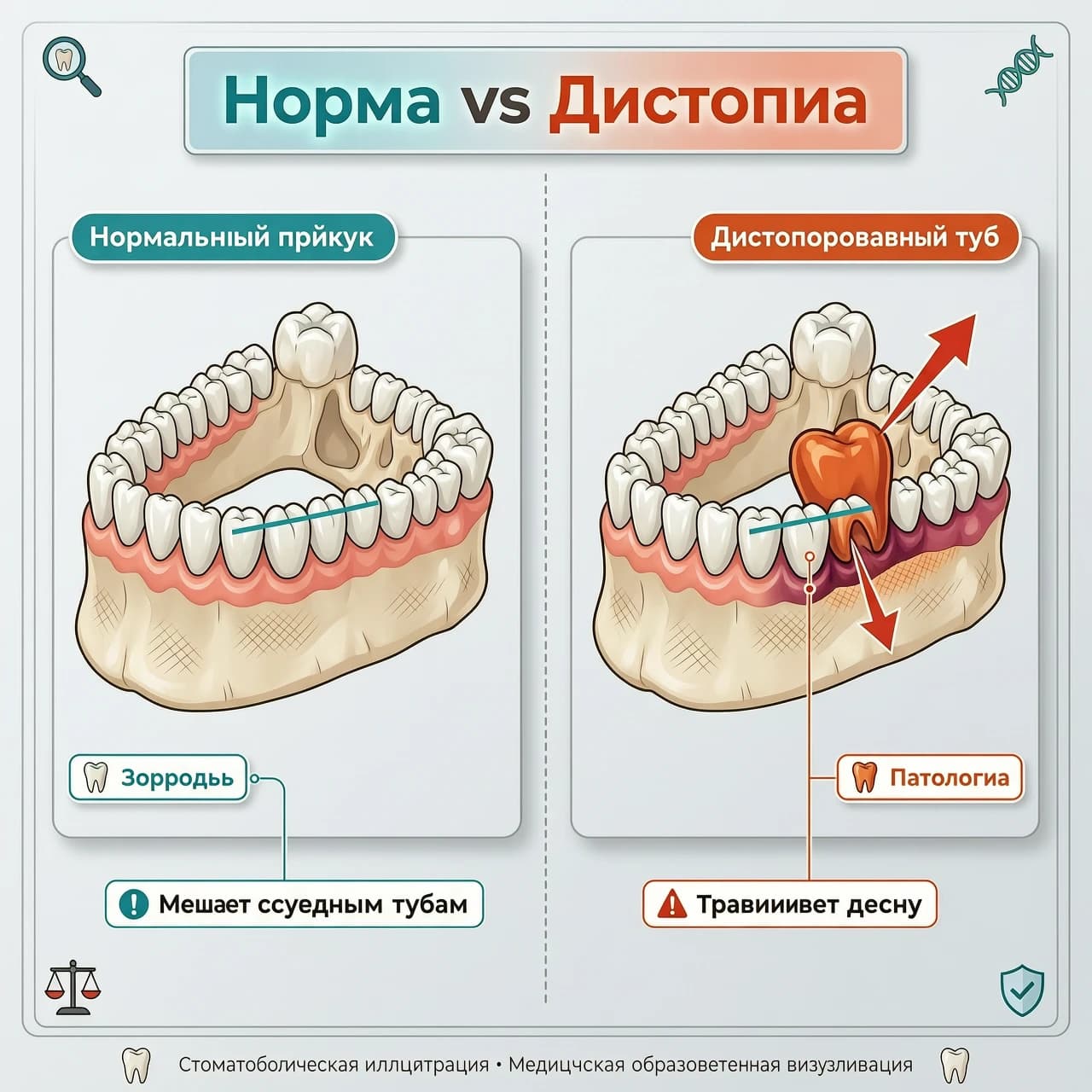 Схема «Норма vs Дистопия»:
Два изображения челюсти рядом: слева — правильный прикус, справа — дистопированный зуб (выделен цветом).
Подписи: «Мешает соседним зубам», «Травмирует десну»