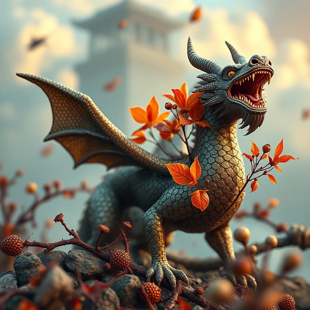 symbolism art by Fernand Khnopff, 3D Rendering, autumn flora, Disciplined ("The Universe of [Dragons|Clouds] ":1.1) , shallow depth of field, Hopeless, sad, elaborate, complex artistic color composition, cool colors, professional creative, intense, grand illumination, dramatic, dynamic dramatic composition