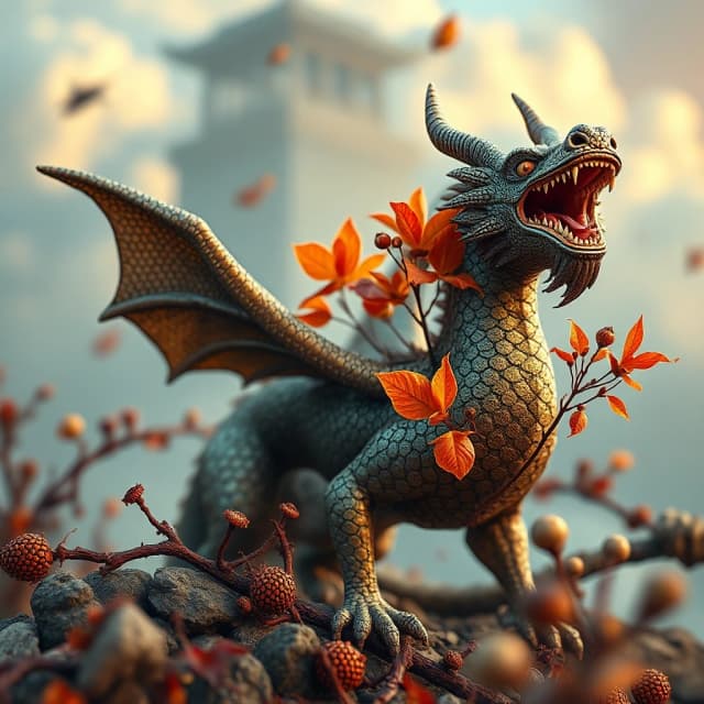 symbolism art by Fernand Khnopff, 3D Rendering, autumn flora, Disciplined ("The Universe of [Dragons|Clouds] ":1.1) , shallow depth of field, Hopeless, sad, elaborate, complex artistic color composition, cool colors, professional creative, intense, grand illumination, dramatic, dynamic dramatic composition