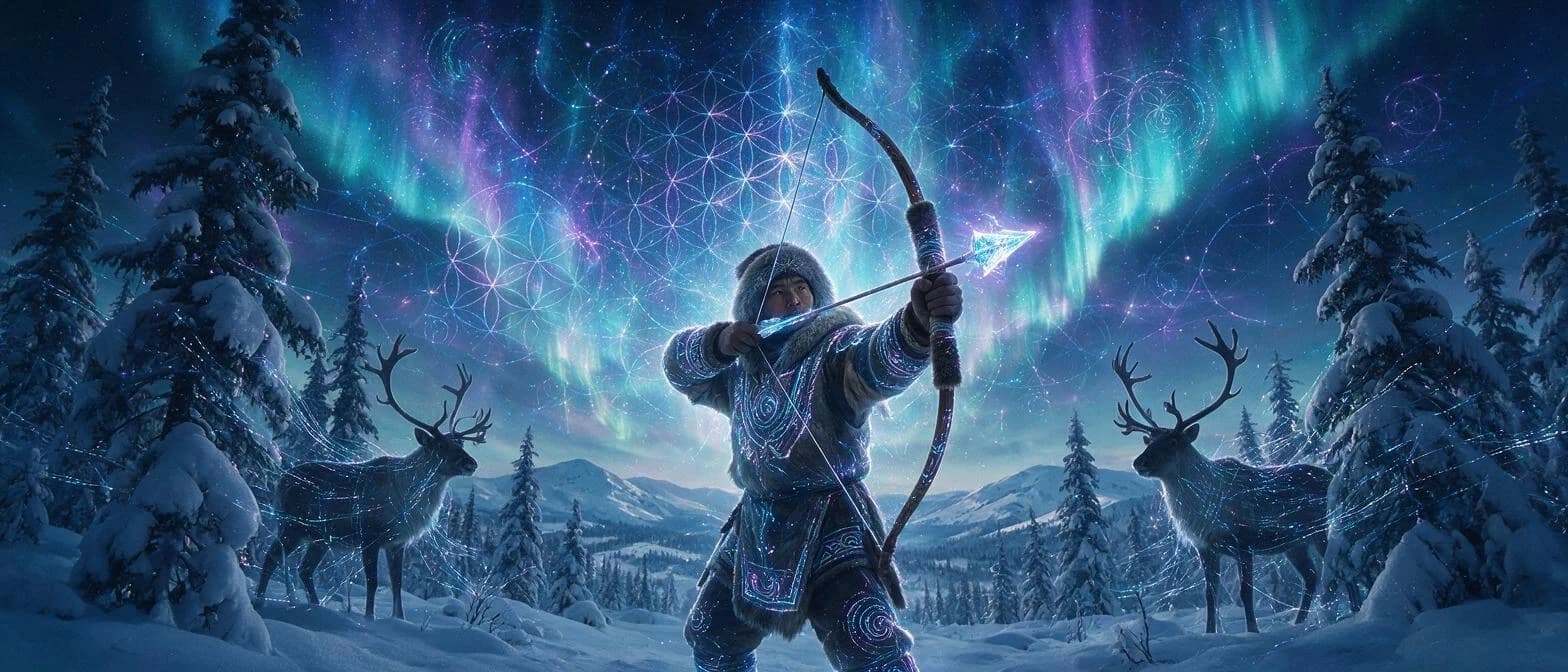 Эвенкийский охотник с луком, стоящий на страже тайги. Его одежда расшита традиционными орнаментами и мехом, но частично состоит из светящихся цифровых линий и голографических узоров. В руках — лук с натянутой тетивой, стрела с квантовым наконечником. За его спиной — северное сияние, переходящее в голографическую сеть сакральной геометрии (цветок жизни, спирали). Вокруг — силуэты оленей и кедров, сплетающиеся с цифровыми кодами. Стиль: кибер-реализм, холодные синие, бирюзовые, серебряные и белые тона, с акцентами фиолетового»