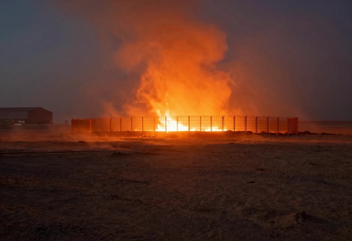 A vast, empty desert plain stretching into the distance under a hazy, dusty sky. In the background, a tall metal grid fence glows against a bright fiery light source behind it, as if lava is flowing just beyond the fence, casting a dramatic orange glow over the horizon. On the left edge of the image, almost lost in the darkness and dust, the vague silhouette of a huge industrial warehouse is barely visible. The scene feels hot, desolate, and slightly menacing. Photorealistic, dramatic lighting, wide cinematic angle.
