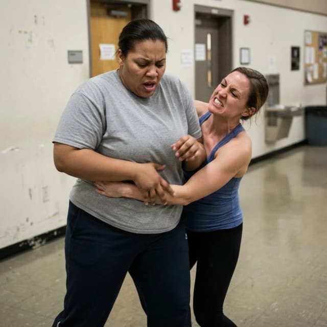 A struggle ensues between two women: the lighter one on the right and the larger one on the left. The lighter woman has seized the initiative and is squeezing the larger woman's waist, who exhales sharply as her waist and chest are compressed. The woman on the right clenches her teeth and throws her head back in tension. The larger woman is focused on releasing her grip and freeing her waist, inhaling air. She is breathing heavily and groaning.