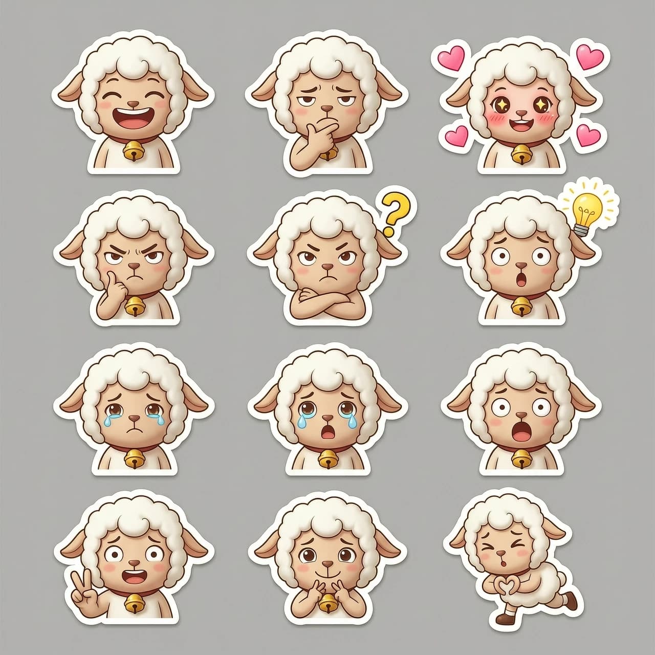 Sticker pack sheet of a cute sheep character, 3D cartoon style, high-quality render, C4D, Octane Render. The character has a bell. The set includes multiple individual stickers with a consistent character design, each featuring a thin white die-cut border, isolated on a plain neutral grey background. 

The sticker set includes the following diverse expressions and poses, where facial emotions perfectly match the gestures:
1. Joyful laughter with eyes closed and a wide smile.
2. Deep thoughtfulness with a hand on her chin and a squinted gaze.
3. Love-struck with blushing cheeks, sparkling eyes, and floating pink hearts around her.
4. Angry with furrowed brows, a pout, and crossed arms.
5. Confused with a tilted head and a bright yellow question mark above her head.
6. Inspired with a "Eureka!" moment, eyes wide, and a glowing yellow lightbulb floating nearby.
7. Sadness with teary eyes and a small teardrop falling.
8. Extreme surprise with wide eyes and an open mouth.
9. Peace sign with a cheerful smile and a "V" gesture with her fingers.
10. Making a heart shape with her hands, looking sweet and affectionate.
11. Running away in panic, looking back with a worried