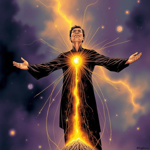 A man stands in the void, arms outstretched. Inside his body — a glowing golden crystalline rod that connects earth and sky. Thin threads of light emanate from the rod, linking him to the surrounding world. Style: mystical comic art, gold, black, and deep purple, atmospheric light, ethereal glow, inner strength.