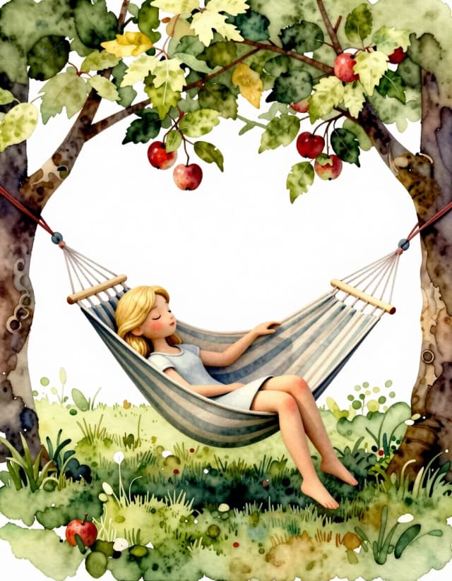 A masterpiece. Create an image. Watercolor painting style: ((Beautiful blonde girl):1.6 dozing in a hammock under the apple trees in the garden):1.6, clear edges, clear textures, volumetric composition, 3D depth, studio lighting, author's style, 8k resolution. High detail and clear texture. High quality. Increased attention to small details. The aspect ratio is 3:4.