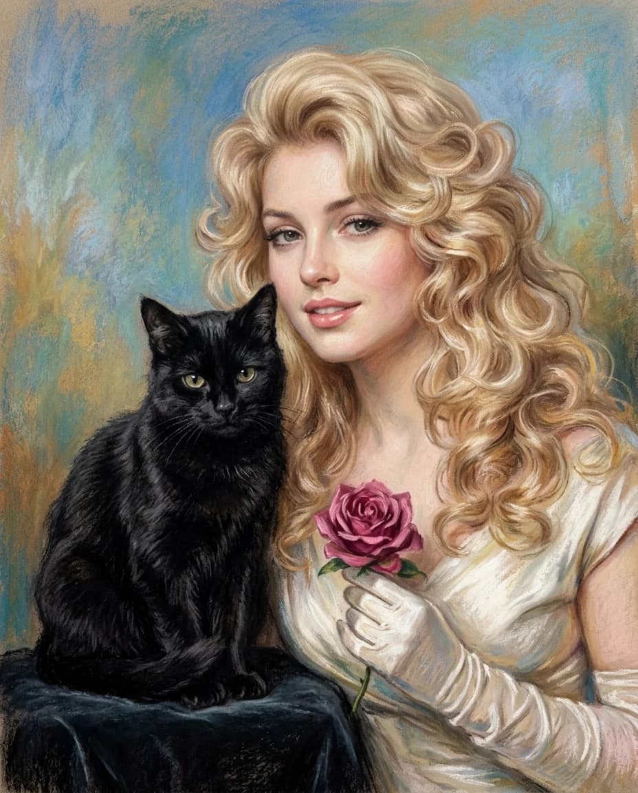 A real masterpiece. How artificial intelligence would depict: ((Aesthetics: Impressionism. The image is made in the pastel technique. An image of a glamorous blonde with a rose, and next to her sits a black cat painted in black charcoal)). Close-up. High resolution. High quality. Increased attention to small details. Hyperrealistic style of surrealism, impressionism. Increased attention to the smallest details and texture of blonde hair. The author is Auguste Renoir, Vrubel.