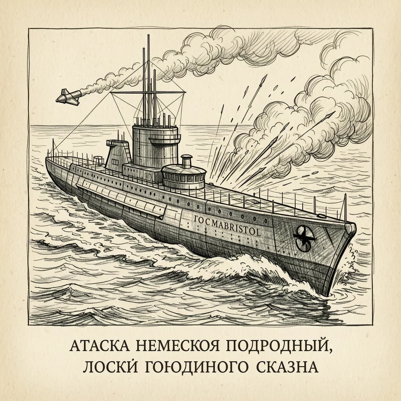 книжная иллюстрация карандашом атака немецкой подводной лодки гражданского судна