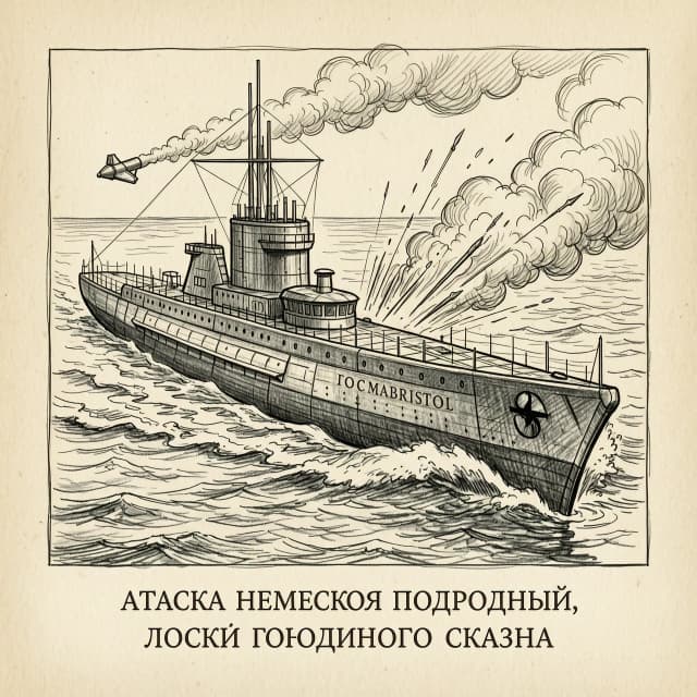 книжная иллюстрация карандашом атака немецкой подводной лодки гражданского судна