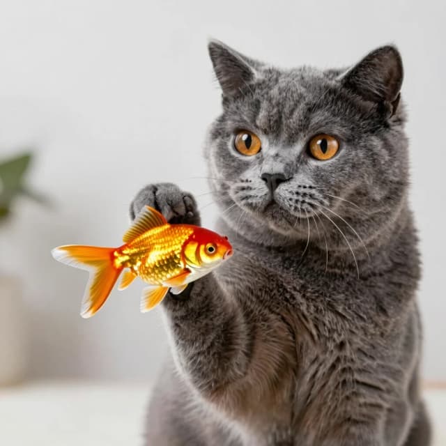 britis cat blue-grey color   держит лапой за хвост золотую рыбку:
Золотая рыбка 585 пробы,
