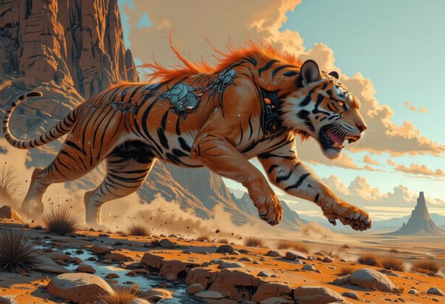 A hyper-realistic, cinematic masterpiece of a mythical hybrid creature, a fusion of a powerful Bengal tiger and a prehistoric reptile, captured in a mid-leap dynamic action pose. The creature features the muscular, striped body of a tiger seamlessly integrated with iridescent reptilian scales, sharp osteoderms along its spine, and a long, powerful sinuous tail. Its eyes glow with predatory intelligence. Side profile view, emphasizing the tension in its limbs and the fluid motion of its sprint. The background is a vast, desolate rocky desert with towering sandstone formations, swirling dust clouds, and cracked earth under a scorching sun. Lighting is dramatic "golden hour" sunlight, creating long shadows and highlighting the texture of both fur and scales with rim lighting. High-speed photography style, shallow depth of field with a blurred desert horizon, intense atmosphere of primal survival, 8k resolution, highly detailed textures, shot on 35mm lens, epic fantasy art style.