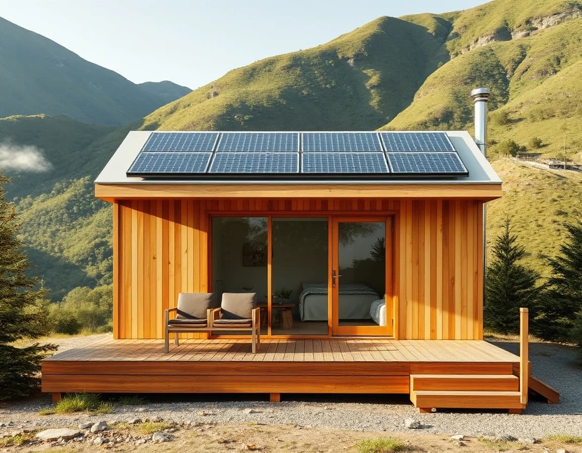 Horizontal shot, modern modular frame cottage for glamping or hotel, flat roof with solar panels, glass facade, wooden deck, surrounded by green mountains or hills, sunny day.