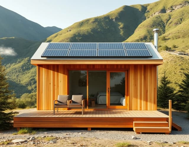 Horizontal shot, modern modular frame cottage for glamping or hotel, flat roof with solar panels, glass facade, wooden deck, surrounded by green mountains or hills, sunny day.