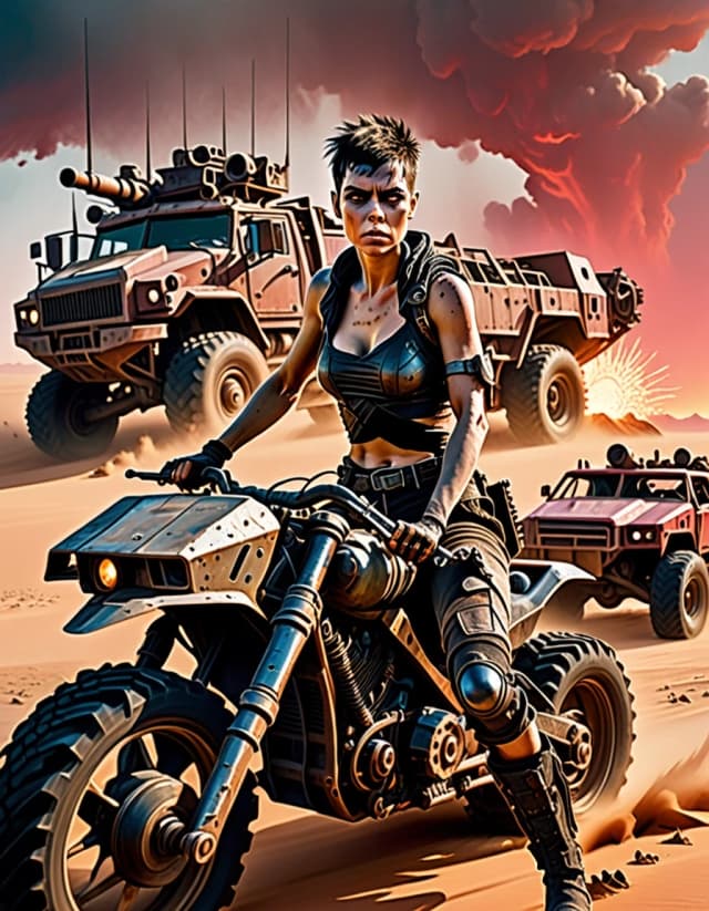 Furiosa drives a massive armored war rig at full speed across a vast wasteland. Her expression is focused and determined, short hair whipping in the wind, her mechanical arm gripping the controls. Sand explodes around the enormous wheels as they tear across the desert. Behind her, an entire army of bizarre post-apocalyptic cars and motorcycles races in pursuit. A crimson sky glows on the horizon as sunlight cuts through the dust. Extreme sense of speed, danger and adrenaline. Dynamic composition, cinematic action scene, photorealistic, highly detailed, motion effects, vertical format.
