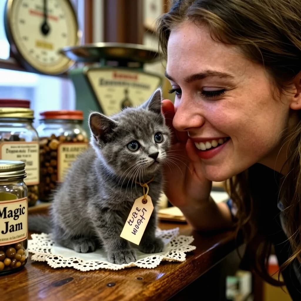 A high-detail, close-up cinematic shot from a slightly elevated angle, focusing on a polished wooden counter of a vintage general store. The frame is dominated by the expressive faces of a young woman and a tiny, fluffy grey kitten. The woman is leaning in close, whispering a secret to the kitten, her eyes twinkling with mischief and a playful, affectionate smile. Her cheek is almost touching the kitten's soft ear.

The kitten is sitting on a stack of vintage lace napkins, looking up at her with huge, soulful, blinking eyes and a tiny pink nose, as if it truly understands the secret. One paw is delicately placed on a hand-written price tag of a "Magic Jam" jar.

The composition uses a strong diagonal line from the woman's face to the kitten. The background is a rich, warm blur of antique jars, old-fashioned scales, and a faded wooden sign. The lighting is soft and romantic, coming from a nearby window, highlighting the translucent quality of the kitten's whiskers and the subtle pores of the woman's skin. The image feels tactile, warm, and deeply emotional.

Keywords: extreme close-up, emotional connection, mischievous smile, fluffy grey kitten, vintage general store, tactile textures, soft window lighting, intimate atmosphere, hyper-realistic skin and fur.