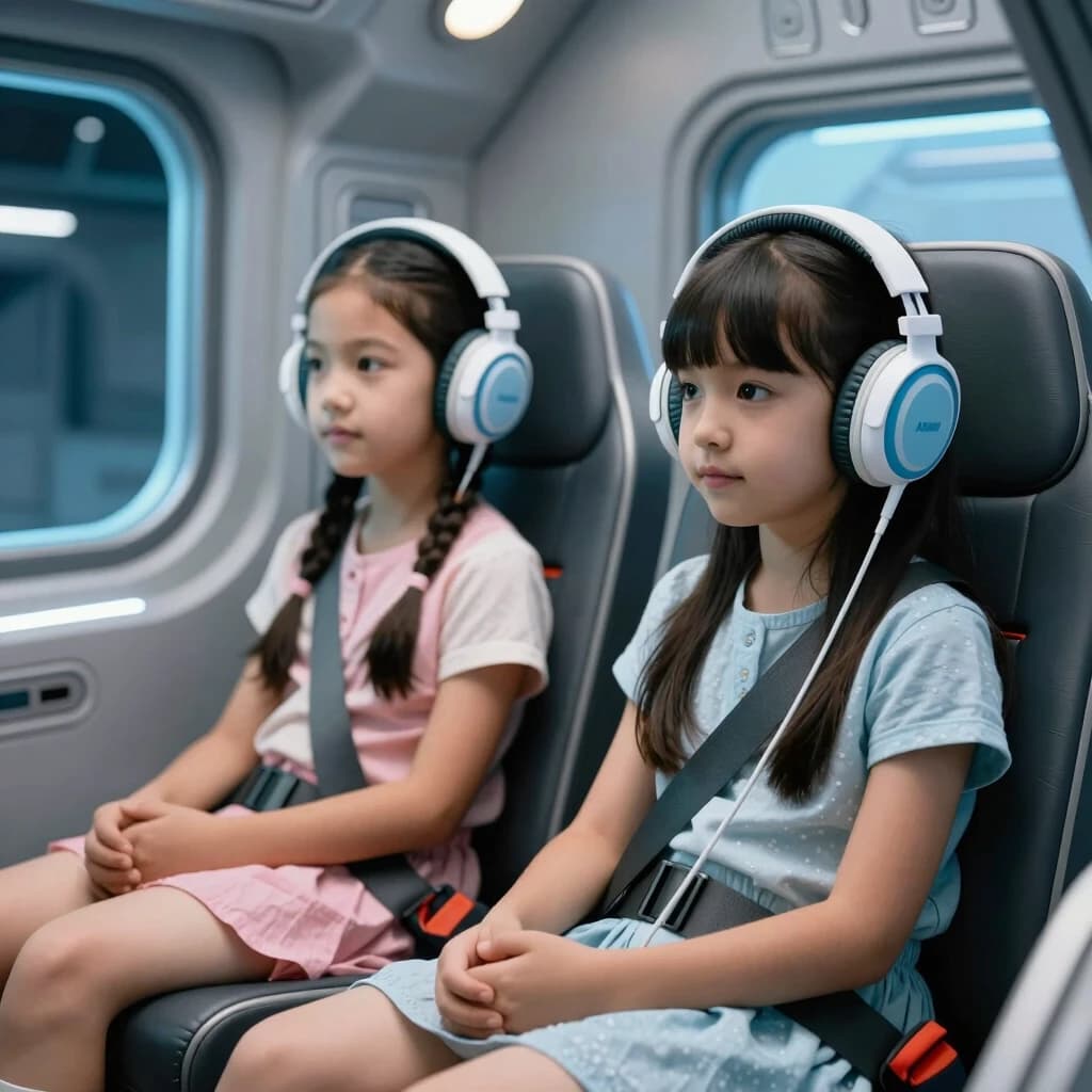 two little girls are sitting in a spaceship they have headphones on their heads