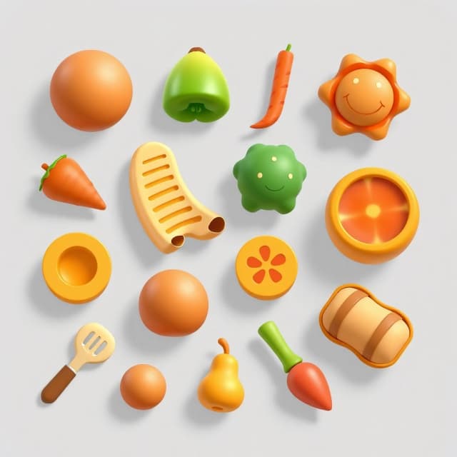 Set of cute glossy 3D cartoon game UI icons, cozy mobile cooking game style, soft rounded shapes, smooth clay-like plastic material with subtle highlights, warm wooden brown accents (#7a4a1f), golden orange (#f0b429), fresh green (#43a047), soft shadows, gentle ambient occlusion, clean simple composition centered, each icon on transparent background, NO frame, NO border, NO background circle, NO text, isolated asset, game asset sprite sheet, soft studio lighting, Pixar-like softness, high detail, 4k
