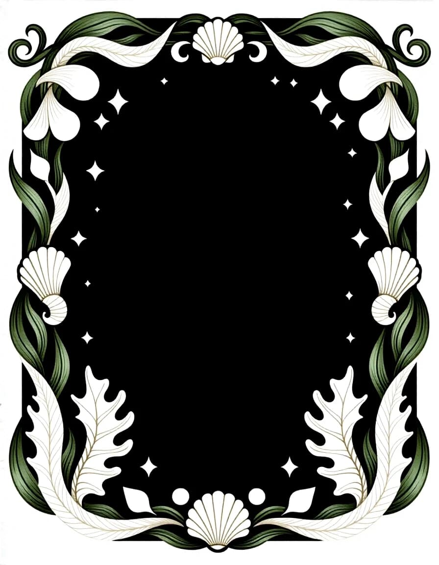 An elegant decorative frame for a fantasy book dictionary of an ancient underwater civilization. Pure white background. Fine black ink engraving, vintage scientific-book illustration style. A thin rectangular ornamental frame made of flowing seaweed, delicate shells, small marine dragons, tiny crystals and subtle ocean waves. The corners contain graceful curled dragon tails and shell motifs. Small geometric symbols inspired by an ancient underwater writing system are integrated naturally into the ornament. Refined, symmetrical, airy composition, thin clean lines, black ink only, no gray fills, no color, no text, no letters, no background texture, suitable for a printed book page.