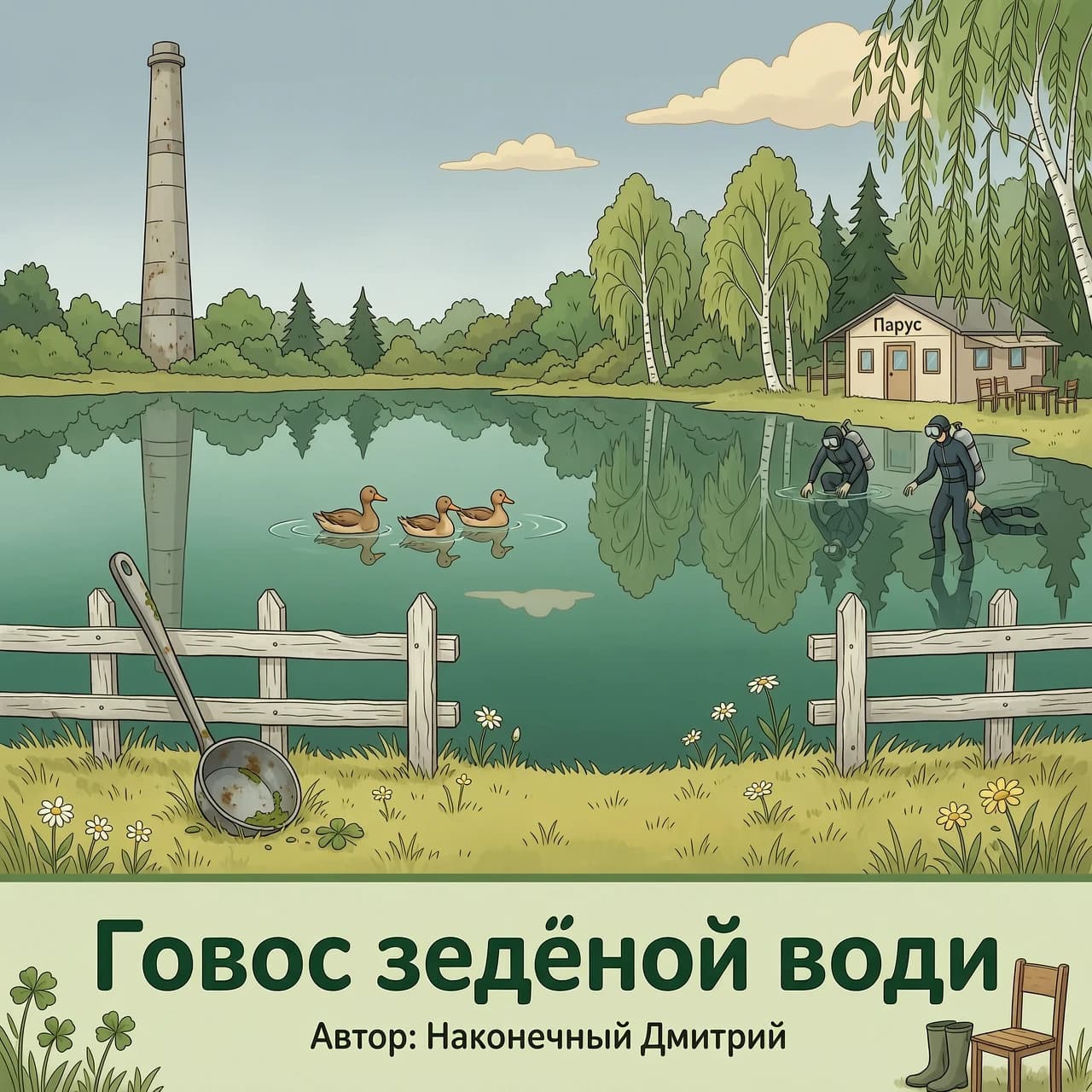 обложка книги. Вид с берега на Нытвенский пруд. На воде спокойно плавают 3 уточки. Слева высокая заводская труба — узнаваемая, как в Нытве. ОБЯЗАТЕЛЬНО наш символ Нытвенский металлургический завод а еще добавь водолазов которые находятся у кафе парус, Рядом простой забор набережной, чуть потёртый, родной. Вокруг деревья и кусты, берег с травой. В воде отражается небо и труба. Стиль современной качественной анимации: чёткие контуры, мягкие тени, спокойные природные цвета. Атмосфера тихая, будто обычный день, но чувствуется, что сейчас случится что-то важное. Название «Голос зелёной воды» крупным читаемым шрифтом внизу, тёмно-зелёным цветом. Без монстров и мистики, всё реалистично-мультяшное. перед генерацией изучи все символы нытвы и обязательно добавь ложку, название "Голос Зеленой воды" Автор:  Наконечный Дмитрий