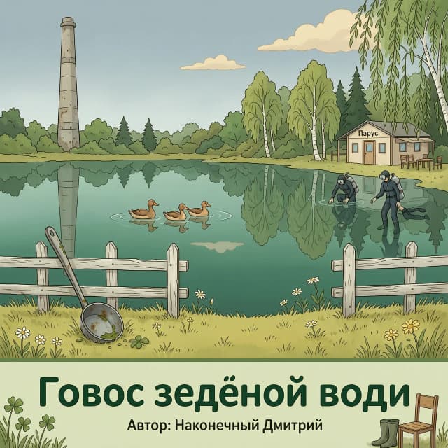 обложка книги. Вид с берега на Нытвенский пруд. На воде спокойно плавают 3 уточки. Слева высокая заводская труба — узнаваемая, как в Нытве. ОБЯЗАТЕЛЬНО наш символ Нытвенский металлургический завод а еще добавь водолазов которые находятся у кафе парус, Рядом простой забор набережной, чуть потёртый, родной. Вокруг деревья и кусты, берег с травой. В воде отражается небо и труба. Стиль современной качественной анимации: чёткие контуры, мягкие тени, спокойные природные цвета. Атмосфера тихая, будто обычный день, но чувствуется, что сейчас случится что-то важное. Название «Голос зелёной воды» крупным читаемым шрифтом внизу, тёмно-зелёным цветом. Без монстров и мистики, всё реалистично-мультяшное. перед генерацией изучи все символы нытвы и обязательно добавь ложку, название "Голос Зеленой воды" Автор:  Наконечный Дмитрий