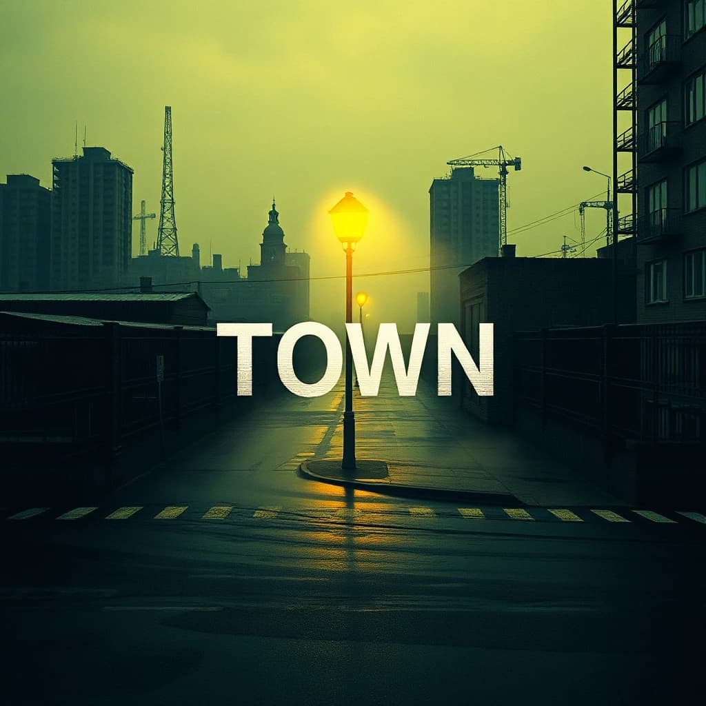 Album cover for a phonk track titled "Town", 1024x1024 pixels. Cinematic view of a menacing Eastern European or American industrial city skyline at 3 AM under heavy rain. A single old-fashioned streetlamp casts harsh pools of warm yellow light on the empty intersection. Thick mist rises from the sewers. In the center of the composition, integrated into the environment like a hologram or spray-painted ghost on a brick wall, is the title "TOWN" in distorted retro cyberpunk font. Gritty lo-fi texture, heavy film grain, VHS scanlines, chromatic aberration, high contrast cinematic lighting, cold shadows — ar 1:1 — style raw