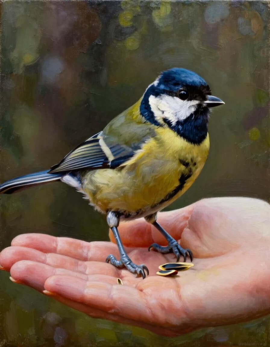 A masterpiece. Style: oil painting. (Image. How artificial intelligence imagines: a titmouse bird in the palm of a human hand. A few seeds next to it. Against the background of the forest):1.8. Intense close-up.  High quality. High resolution. Increased attention to fine details and texture. The artist is Russ Mills.