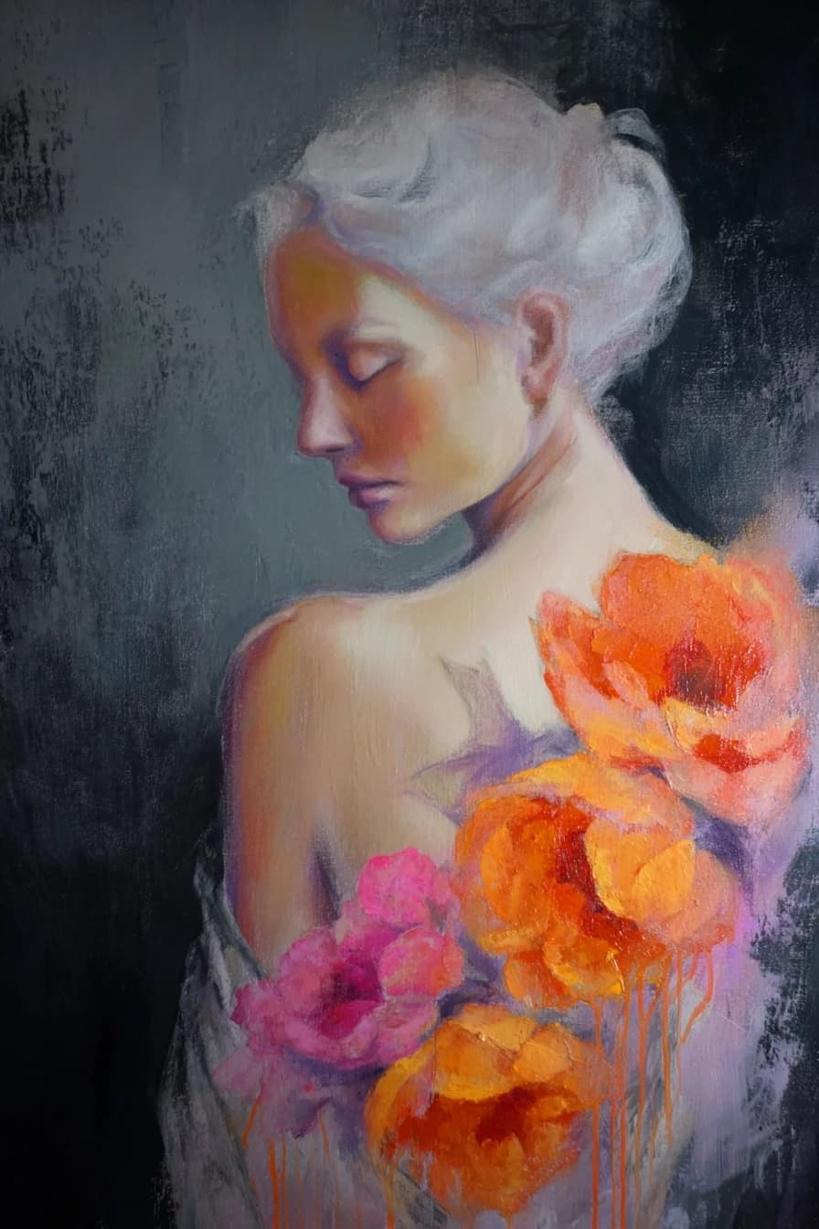 A mixed-media fine art portrait of a beautiful woman viewed from behind in soft profile, her eyes gently closed in calm introspection, with pale porcelain-like skin that glows luminously against the composition. Her serene face and graceful shoulder curves are highlighted by soft, dramatic lighting that emphasizes the delicate transitions between light and shadow. Across her back blooms a large, expressive floral composition in intense orange and vibrant pink petals, blended with touches of muted violet and warm ochre, the flowers appearing to grow organically from her skin in an abstract, painterly style. The background features deep textured dark grey with subtle abstract layers, while the piece showcases visible brush strokes, layered pigment, and slight impasto in the floral areas, with gentle paint drips adding emotional intensity to this intimate and powerful vertical composition.