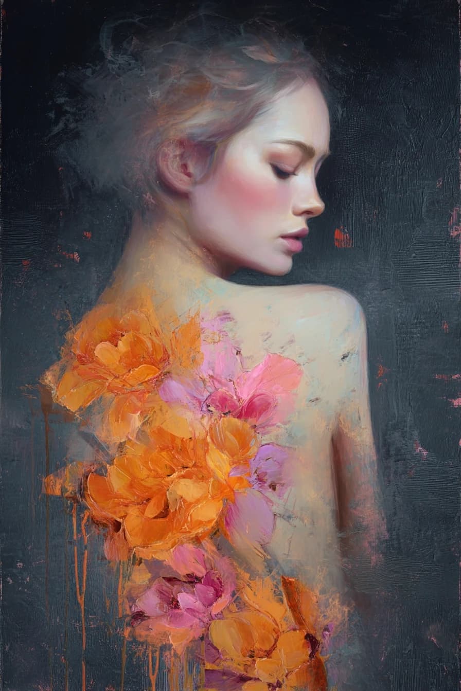 A mixed-media fine art portrait of a beautiful woman viewed from behind in soft profile, her eyes gently closed in calm introspection, with pale porcelain-like skin that glows luminously against the composition. Her serene face and graceful shoulder curves are highlighted by soft, dramatic lighting that emphasizes the delicate transitions between light and shadow. Across her back blooms a large, expressive floral composition in intense orange and vibrant pink petals, blended with touches of muted violet and warm ochre, the flowers appearing to grow organically from her skin in an abstract, painterly style. The background features deep textured dark grey with subtle abstract layers, while the piece showcases visible brush strokes, layered pigment, and slight impasto in the floral areas, with gentle paint drips adding emotional intensity to this intimate and powerful vertical composition.