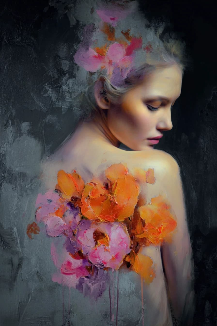 A mixed-media fine art portrait of a beautiful woman viewed from behind in soft profile, her eyes gently closed in calm introspection, with pale porcelain-like skin that glows luminously against the composition. Her serene face and graceful shoulder curves are highlighted by soft, dramatic lighting that emphasizes the delicate transitions between light and shadow. Across her back blooms a large, expressive floral composition in intense orange and vibrant pink petals, blended with touches of muted violet and warm ochre, the flowers appearing to grow organically from her skin in an abstract, painterly style. The background features deep textured dark grey with subtle abstract layers, while the piece showcases visible brush strokes, layered pigment, and slight impasto in the floral areas, with gentle paint drips adding emotional intensity to this intimate and powerful vertical composition.