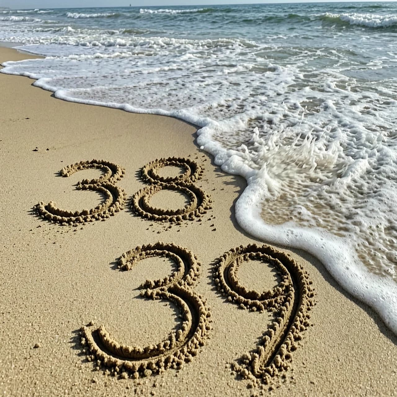 пляж, море, на песке написано 38 накатывает волна и смывает эти буквы, после на песке появляется надпись 39