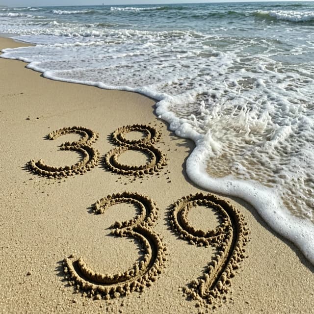 пляж, море, на песке написано 38 накатывает волна и смывает эти буквы, после на песке появляется надпись 39