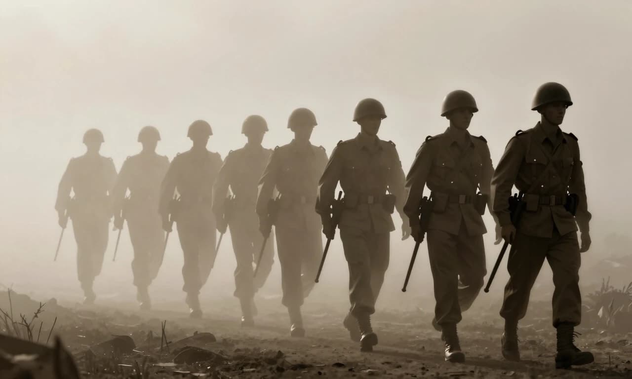 Conceptual image, phantom army silhouette of soldiers marching in fog, ghostly translucent effect, sepia tone