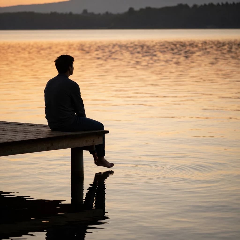 A man sitting alone on a wooden pier at sunset, legs hanging over the water, calm lake surface, warm golden and orange tones, soft light, peaceful atmosphere, no people around, reflection in the water, sense of deep inner peace, cinematic style, 8k, photorealistic, Nikon Z7, natural lighting, shallow depth of field, high detail, emotional, serene mood.