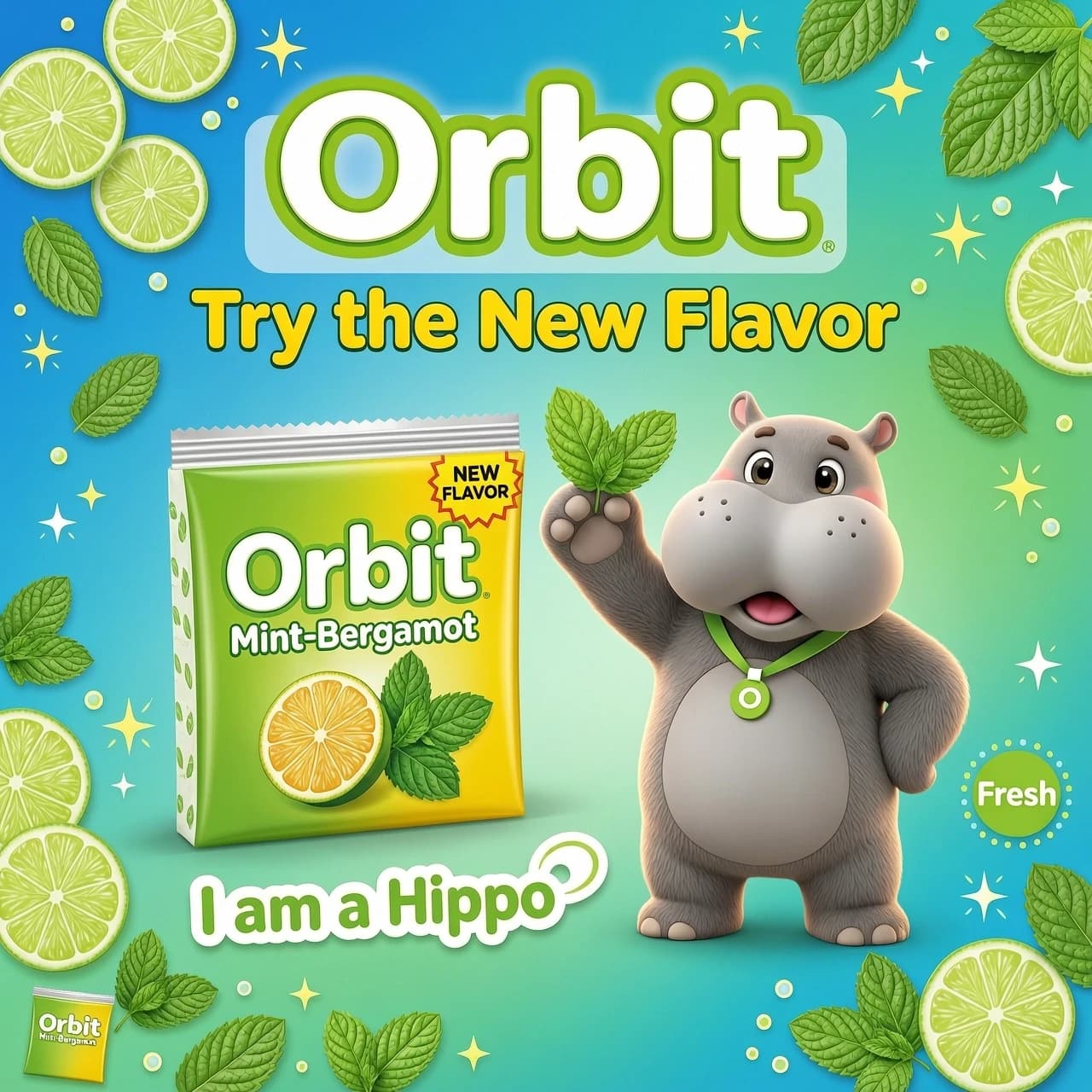A vibrant advertising banner for a new flavor of Orbit chewing gum (Mint-Bergamot). The style is a mix of 2D vector illustration and colorful marketing design. 

Key elements: 
1. In the center: A packet of Orbit gum with lemon and bergamot accents, bright green and yellow packaging.
2. On the right side: A cute, fluffy, 3D-rendered hippo character (like a mascot) looking happy and fresh.
3. Background: A clean, energetic blue gradient background with floating mint leaves and lime slices.
4. Text placeholders (to be added in post): Space for text 'Orbit', 'Try the new flavor', 'I am a hippo'.

Lighting: Bright, studio lighting, high contrast, saturated colors.
Aspect ratio: 16:9.
Style keywords: Vector art, 3D render, playful, commercial, fresh, juicy, advertising, modern UI.
